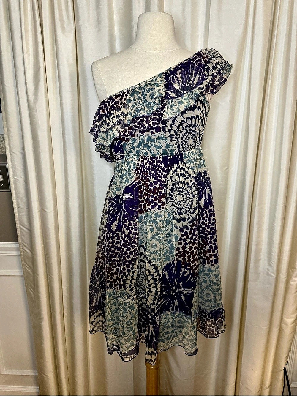 ECI Silk Size 2 One Shoulder Ruffle Dress Purple Teal Floral Print